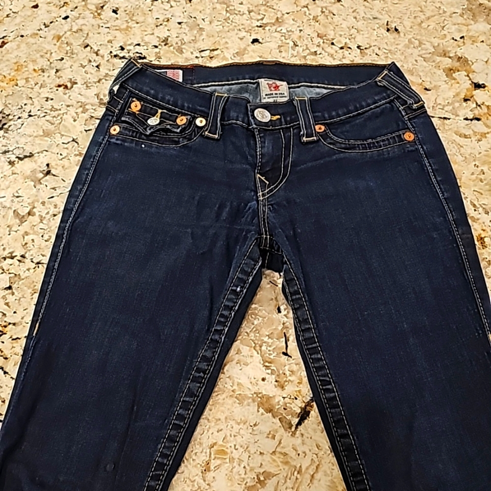 True Religion Skinny Jeans! Dark wash, light stitching, size 27, stretch!